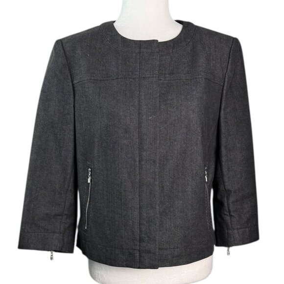 St. John Smokey Gray Denim Jacket Zipper Front and Zipper Pockets Womens Sz M - Picture 2 of 8